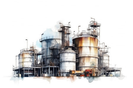 Watercolor drawing paint of industry zone, refinery power plant energy station for stored, petrochemical industrial, factory food processing plant isolated on white background, with Generative AI.の素材