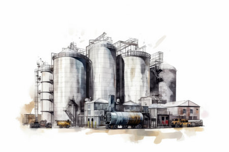 Watercolor drawing paint of industry zone, refinery power plant energy station for stored, petrochemical industrial, factory food processing plant isolated on white background, with Generative AI.の素材