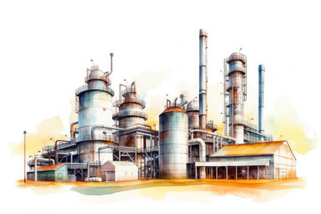 Watercolor drawing paint of industry zone, refinery power plant energy station for stored, petrochemical industrial, factory food processing plant isolated on white background, with Generative AI.の素材