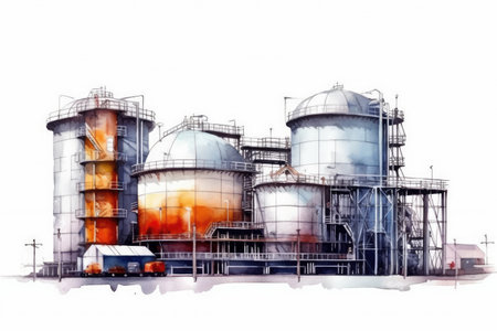 Watercolor drawing paint of industry zone, refinery power plant energy station for stored, petrochemical industrial, factory food processing plant isolated on white background, with Generative AI.の素材