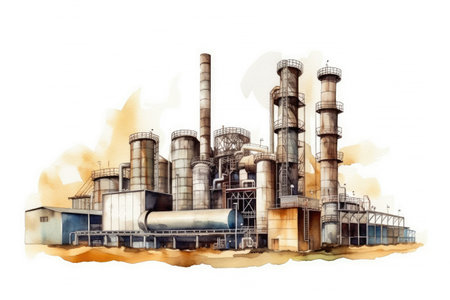 Watercolor drawing paint of industry zone, refinery power plant energy station for stored, petrochemical industrial, factory food processing plant isolated on white background, with Generative AI.の素材