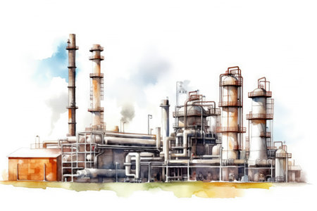 Watercolor drawing paint of industry zone, refinery power plant energy station for stored, petrochemical industrial, factory food processing plant isolated on white background, with Generative AI.の素材
