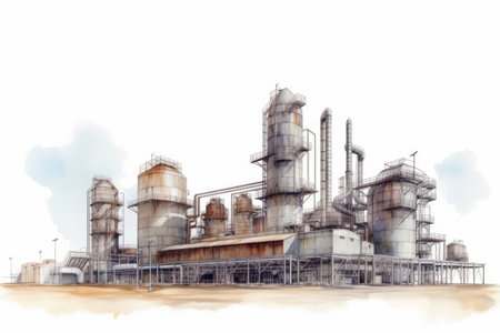 Watercolor drawing paint of industry zone, refinery power plant energy station for stored, petrochemical industrial, factory food processing plant isolated on white background, with Generative AI.の素材