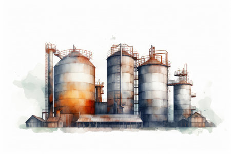 Watercolor drawing paint of industry zone, refinery power plant energy station for stored, petrochemical industrial, factory food processing plant isolated on white background, with Generative AI.の素材