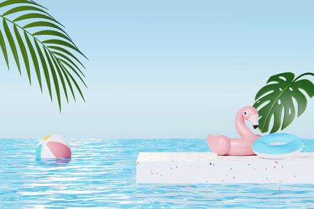 3D render Summer vacation abstract product display, Minimal Realistic Display Podium in the blue ocean sea background concept, Cosmetics with tropical summer island, umbrella, inflatable ring.の写真素材
