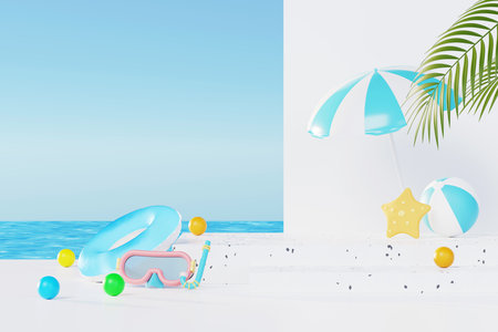 3D render Summer vacation abstract product display, Minimal Realistic Display Podium in the blue ocean sea background concept, Cosmetics with tropical summer island, umbrella, inflatable ring.の写真素材