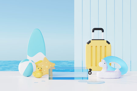 3D render Summer vacation abstract product display, Minimal Realistic Display Podium in the blue ocean sea background concept, Cosmetics with tropical summer island, umbrella, inflatable ring.の写真素材
