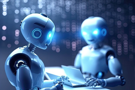 Artificial intelligence, or ai robot working at office by using computer laptop and typing keyboard, Technology in future, Communication network. with Generative AI.の素材