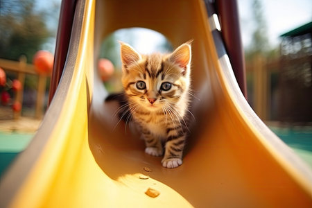 Cute little kitten cats that playing together at playground with happiness, funny moment of pet, fluffy cat, with Generative Ai.の素材