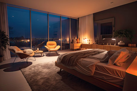 Modern contemporary style interior bedroom design, decorate with comfortable bed, lamp, pillows, table, and warm tone background, with Generative Ai.の素材