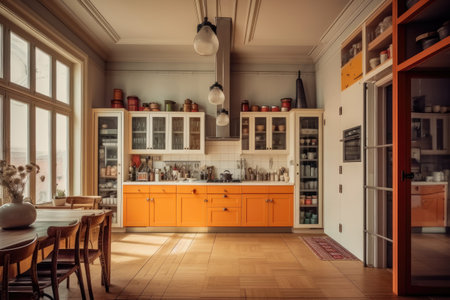 Classic old vintage interior kitchen room with minimal cozy tone style, decorate with counter table. chairs and warm tone background, with Generative Ai.の素材