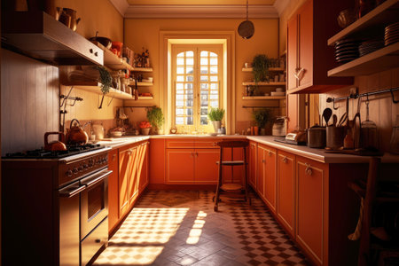 Classic old vintage interior kitchen room with minimal cozy tone style, decorate with counter table. chairs and warm tone background, with Generative Ai.の素材