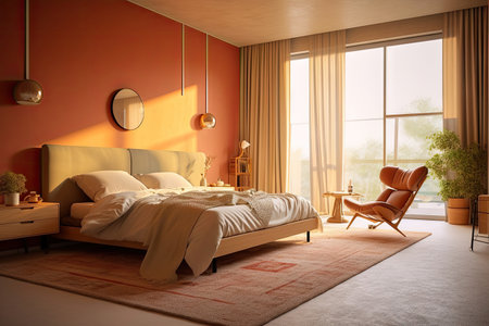 Modern contemporary style interior bedroom design, decorate with comfortable bed, lamp, pillows, table, and warm tone background, with Generative Ai.の素材