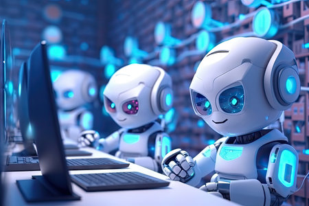 Artificial intelligence, or ai robot working at office by using computer laptop and typing keyboard, Technology in future, Communication network. with Generative AI.の素材