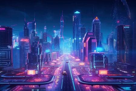 Night scene of smart modern city and skyscrapers town with neon futuristic technology background, future virtual reality, night life concept, building with spotlight, with Generative Ai.の素材