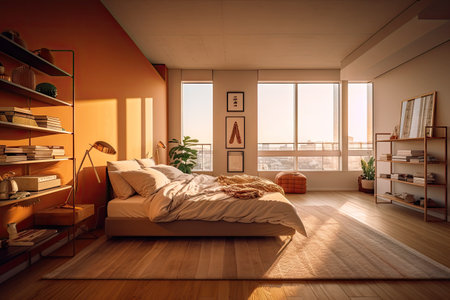 Modern contemporary style interior bedroom design, decorate with comfortable bed, lamp, pillows, table, and warm tone background, with Generative Ai.の素材