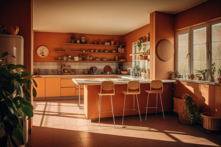 Classic old vintage interior kitchen room with minimal cozy tone style, decorate with counter table. chairs and warm tone background, with Generative Ai.の素材