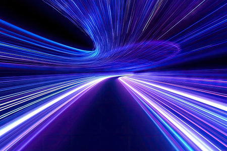 Abstract Speed light trails effect path, fast moving neon futuristic technology background, future virtual reality, motion effect, curve of neon bright, highway speed light, with Generative Ai.の素材