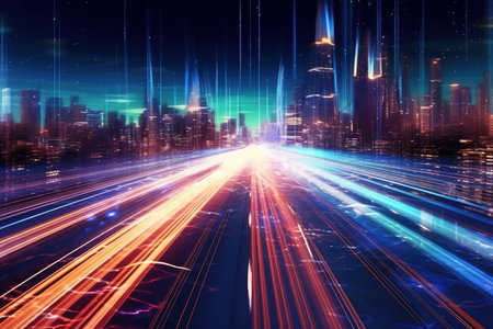 Speed light trails path through smart modern mega city and skyscrapers town with neon futuristic technology background, future virtual reality, motion effect, high speed light, with Generative Ai.の素材