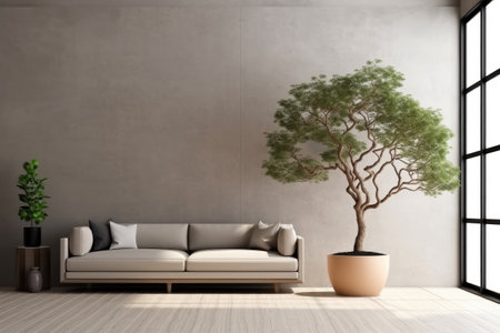 Home minimal interior design living room with beige cozy tone style, decorate with clean home furniture, and warm tone background, empty wall for mock up and banner, with Generative Ai.の素材