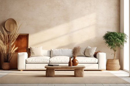 Home minimal interior design living room with beige cozy tone style, decorate with clean home furniture, and warm tone background, empty wall for mock up and banner, with Generative Ai.の素材