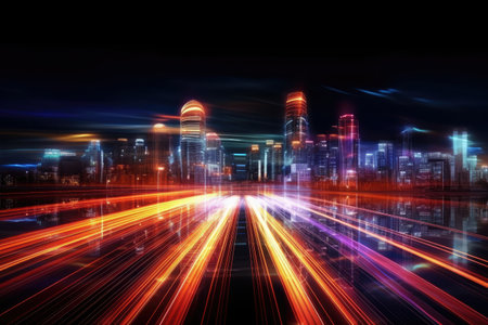 Speed light trails path through smart modern mega city and skyscrapers town with neon futuristic technology background, future virtual reality, motion effect, high speed light, with Generative Ai.の素材