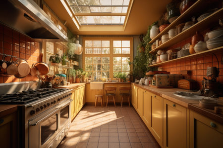 Classic old vintage interior kitchen room with minimal cozy tone style, decorate with counter table. chairs and warm tone background, with Generative Ai.の素材