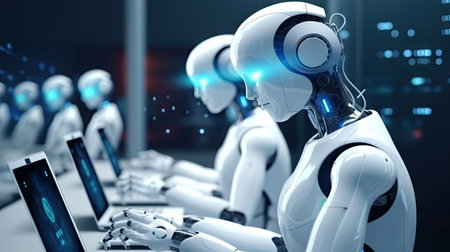 Artificial intelligence, or ai robot working at office by using computer laptop and typing keyboard, Technology in future, Communication network. with Generative AI.の素材