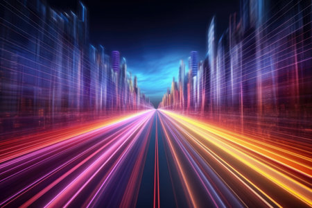 Speed light trails path through smart modern mega city and skyscrapers town with neon futuristic technology background, future virtual reality, motion effect, high speed light, with Generative Ai.の素材