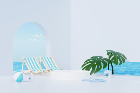 3D render Summer vacation abstract product display, Minimal Realistic Display Podium in the blue ocean sea background concept, Cosmetics with tropical summer island, umbrella, inflatable ring.の写真素材