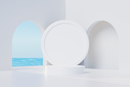 3D render Summer vacation abstract product display, Minimal Realistic Display Podium in the blue ocean sea background concept, Cosmetics with tropical summer island, umbrella, inflatable ring.の写真素材