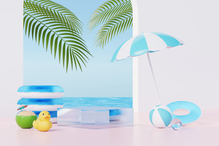 3D render Summer vacation abstract product display, Minimal Realistic Display Podium in the blue ocean sea background concept, Cosmetics with tropical summer island, umbrella, inflatable ring.の写真素材