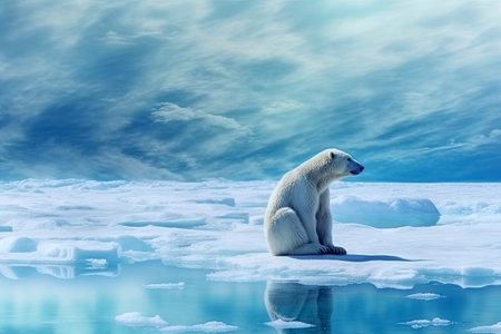 White polar bear sitting on melting ice floe glacier at arctic sea that facing to Global Warming situation, save the world form pollution concept, climate change, with Generative Ai.の素材