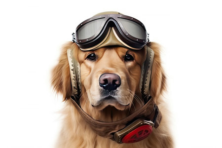Cute dog Golden retriever with captain pilot costume for flying with airplane isolated on white background, funny moment, pet concept, with Generative Ai.の素材