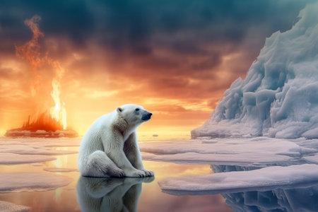 White polar bear sitting on melting ice floe glacier at arctic sea that facing to Global Warming situation, save the world form pollution concept, climate change, with Generative Ai.の素材