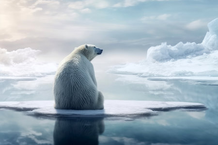White polar bear sitting on melting ice floe glacier at arctic sea that facing to Global Warming situation, save the world form pollution concept, climate change, with Generative Ai.の素材