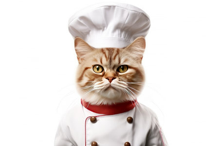 Cute fluffy kitty Cat Chef with costume ready to cooking for dinner isolated on white background, funny moment, pet concept, with Generative Ai.の素材