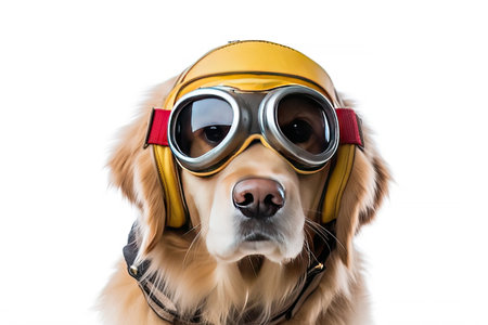 Cute dog Golden retriever with captain pilot costume for flying with airplane isolated on white background, funny moment, pet concept, with Generative Ai.の素材
