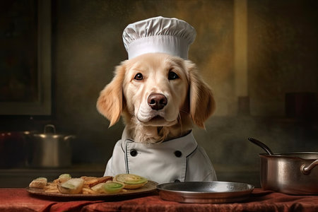 Cute dog Golden retriever Chef with costume ready to cooking for dinner in kitchen room, funny moment, ingredient for cooking, pet concept, with Generative Ai.の素材