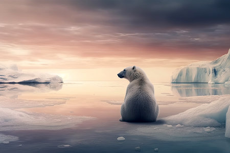 White polar bear sitting on melting ice floe glacier at arctic sea that facing to Global Warming situation, save the world form pollution concept, climate change, with Generative Ai.の素材