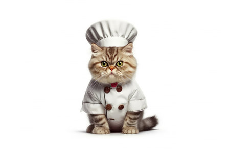 Cute fluffy kitty Cat Chef with costume ready to cooking for dinner isolated on white background, funny moment, pet concept, with Generative Ai.の素材