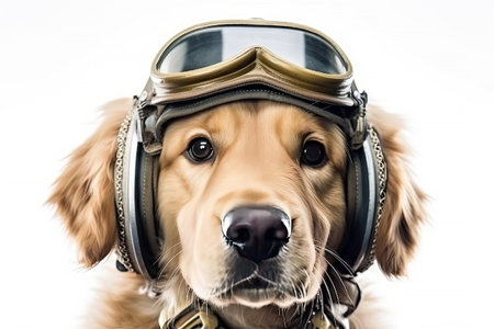 Cute dog Golden retriever with captain pilot costume for flying with airplane isolated on white background, funny moment, pet concept, with Generative Ai.の素材