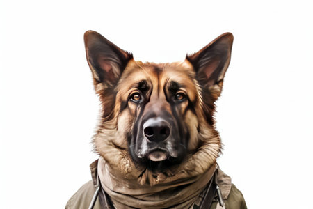 Cute dog German shepherd with soldier costume for military army isolated on white background, funny moment, pet concept, with Generative Ai.の素材