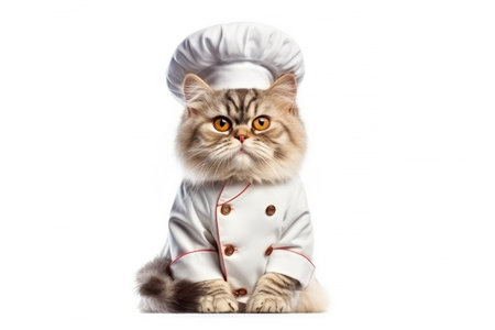 Cute fluffy kitty Cat Chef with costume ready to cooking for dinner isolated on white background, funny moment, pet concept, with Generative Ai.の素材