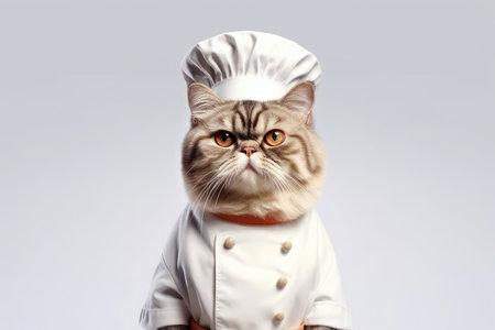 Cute fluffy kitty Cat Chef with costume ready to cooking for dinner isolated on white background, funny moment, pet concept, with Generative Ai.の素材