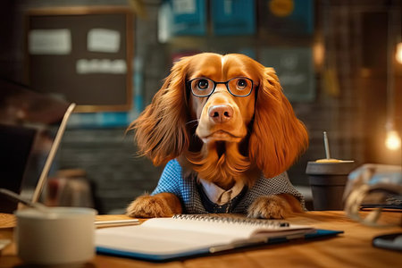 Cute puppy dog working on worktable that mess of documents papers, computer and laptop at office, funny scene, business concept, with Generative Ai.の素材