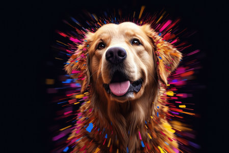 Abstract of pet cute dog Golden retriever portrait with multi colored colorful on  skin body and hairs paint, Vibrant bright gradients background, with Generative AI.の素材