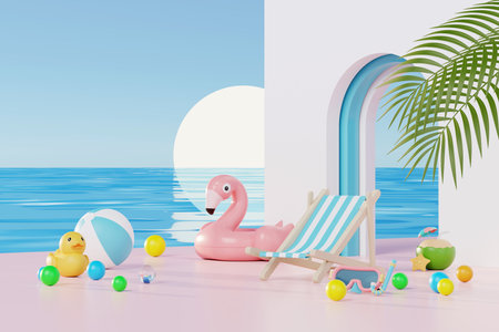3D render Summer vacation abstract product display, Minimal Realistic Display Podium in the blue ocean sea background concept, Cosmetics with tropical summer island, umbrella, inflatable ring.の写真素材