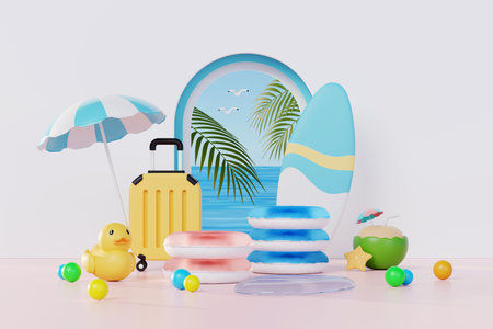 3D render Summer vacation abstract product display, Minimal Realistic Display Podium in the blue ocean sea background concept, Cosmetics with tropical summer island, umbrella, inflatable ring.の写真素材