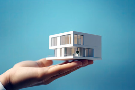 Close up of hand holding model house for represent to client, business idea concept, financial money management, building architecture, with Generative Ai.の素材